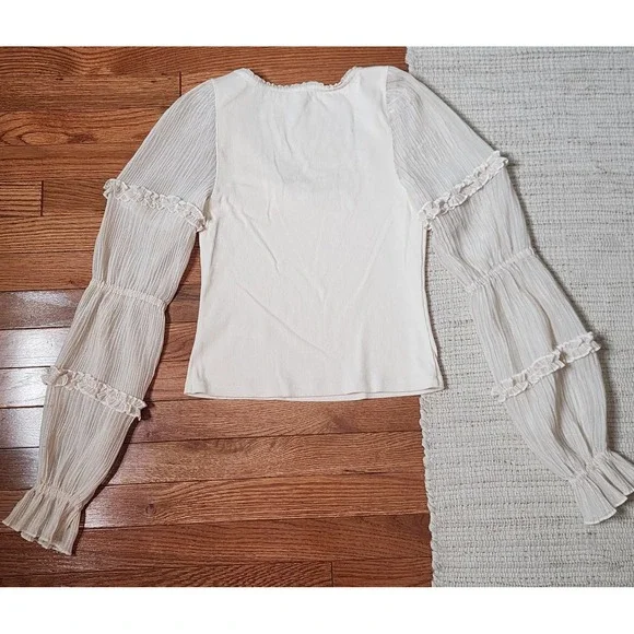 By ANTHROPOLOGIE Long Sleeve Top Cream Scoop Neck Peasant Cottage Boho‎ Small - Picture 2 of 8